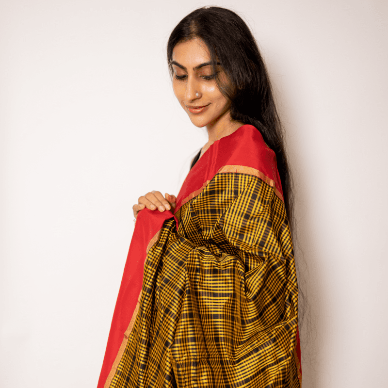 Ochre Yellow Kanchipuram with Salsa Red Ochre Yellow Kanchipuram with Salsa Red