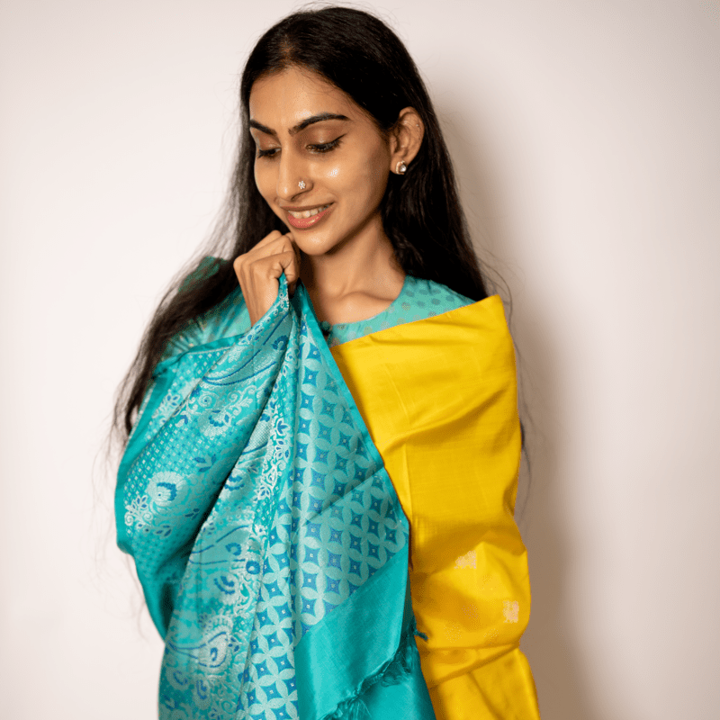 Radiant Yellow Kanchipuram with Turquoise Ocean Partly Radiant Yellow Kanchipuram with Turquoise Ocean Partly