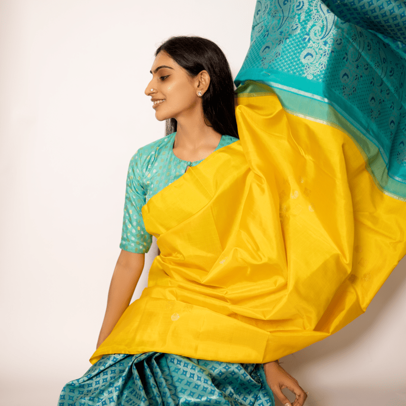 Radiant Yellow Kanchipuram with Turquoise Ocean Partly Radiant Yellow Kanchipuram with Turquoise Ocean Partly