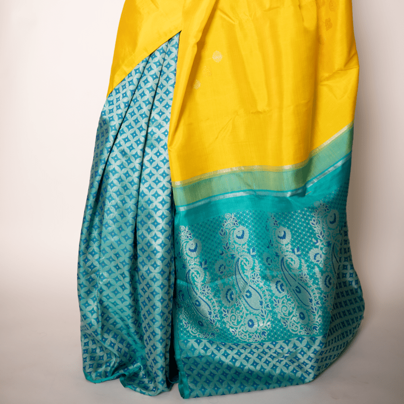 Radiant Yellow Kanchipuram with Turquoise Ocean Partly Radiant Yellow Kanchipuram with Turquoise Ocean Partly