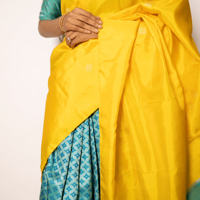 Radiant Yellow Kanchipuram with Turquoise Ocean Partly Radiant Yellow Kanchipuram with Turquoise Ocean Partly