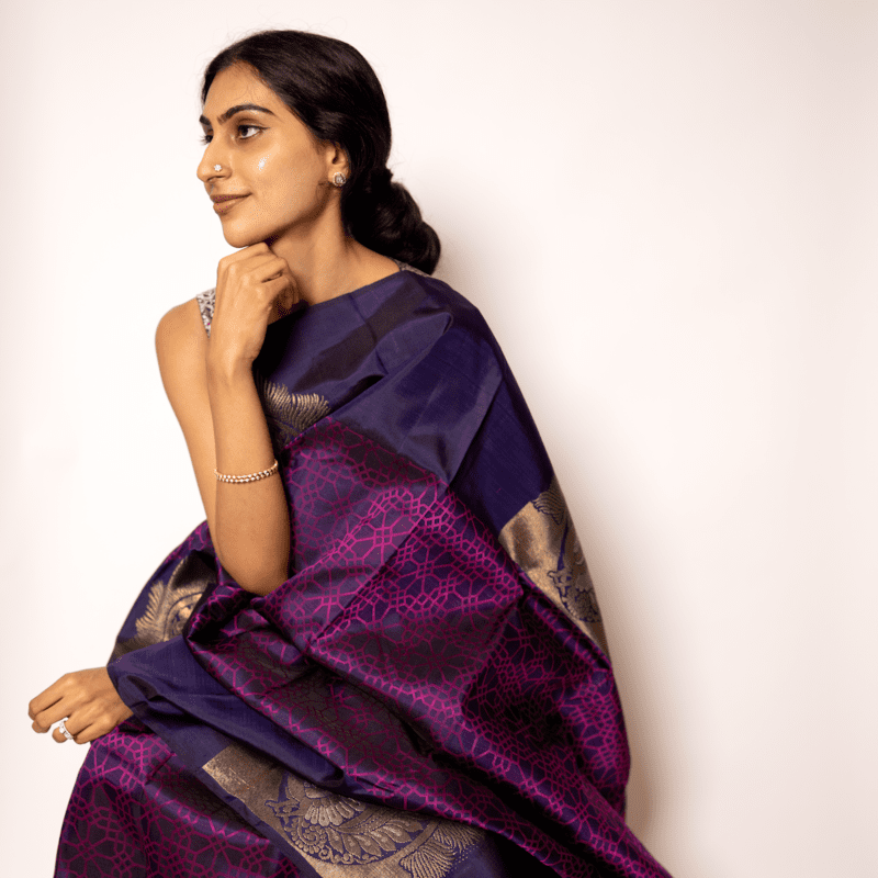 Fuschia Violet Kanchipuram with Honeycomb Art Fuschia Violet Kanchipuram with Honeycomb Art