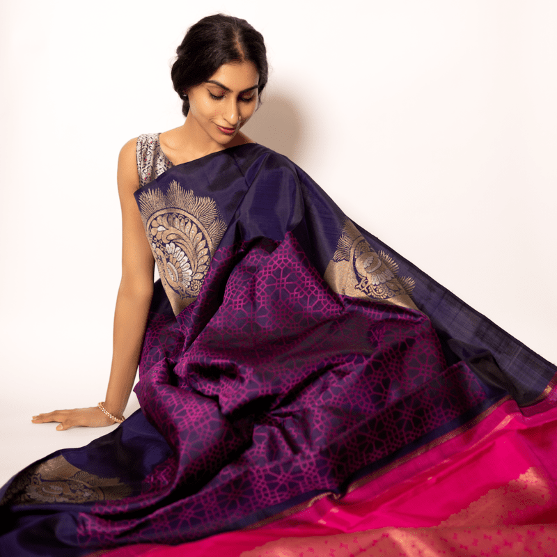 Fuschia Violet Kanchipuram with Honeycomb Art Fuschia Violet Kanchipuram with Honeycomb Art