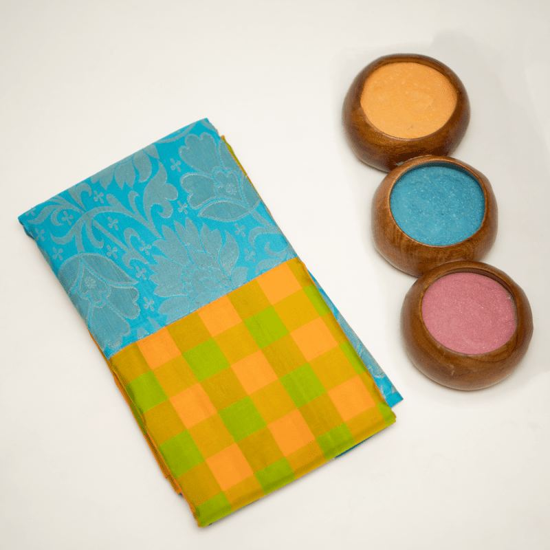 Tan Yellow and Grass Green Kanchipuram with Aqua Blue Tan Yellow and Grass Green Kanchipuram with Aqua Blue