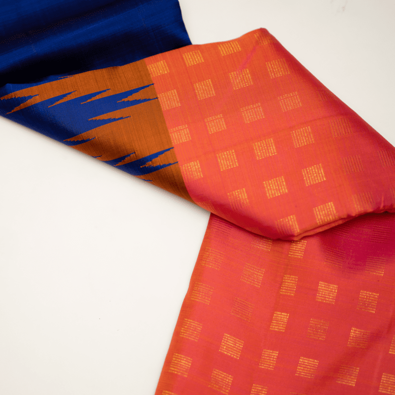 Stormy Blue and Tango Orange Kanchipuram with Thazhampoo Stormy Blue and Tango Orange Kanchipuram with Thazhampoo