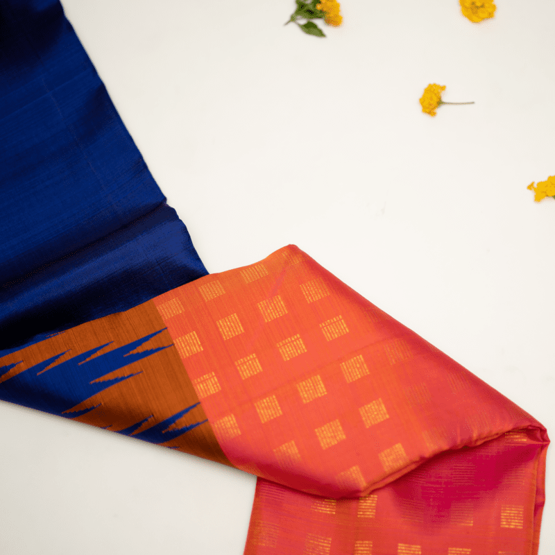 Stormy Blue and Tango Orange Kanchipuram with Thazhampoo Stormy Blue and Tango Orange Kanchipuram with Thazhampoo
