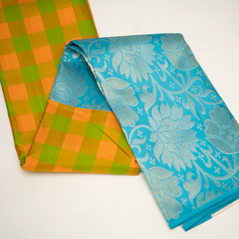 Tan Yellow and Grass Green Kanchipuram with Aqua Blue Tan Yellow and Grass Green Kanchipuram with Aqua Blue