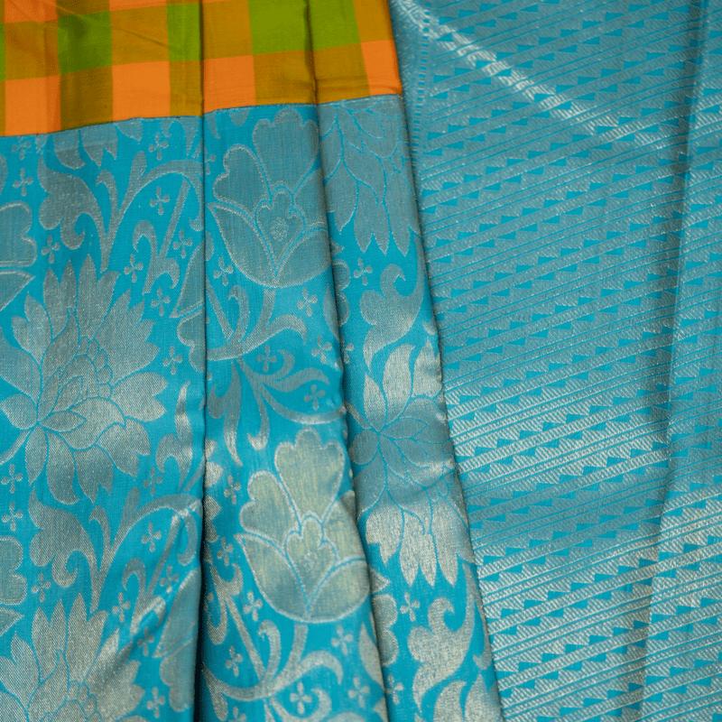 Tan Yellow and Grass Green Kanchipuram with Aqua Blue Tan Yellow and Grass Green Kanchipuram with Aqua Blue