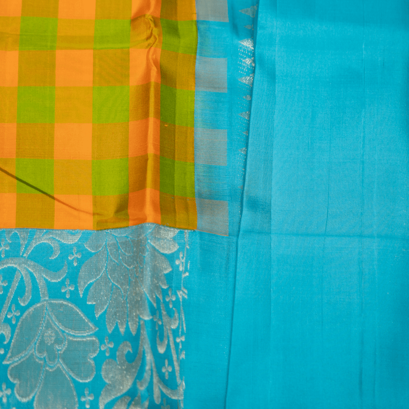 Tan Yellow and Grass Green Kanchipuram with Aqua Blue Tan Yellow and Grass Green Kanchipuram with Aqua Blue