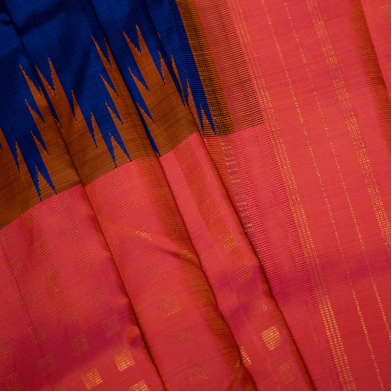 Stormy Blue and Tango Orange Kanchipuram with Thazhampoo Stormy Blue and Tango Orange Kanchipuram with Thazhampoo