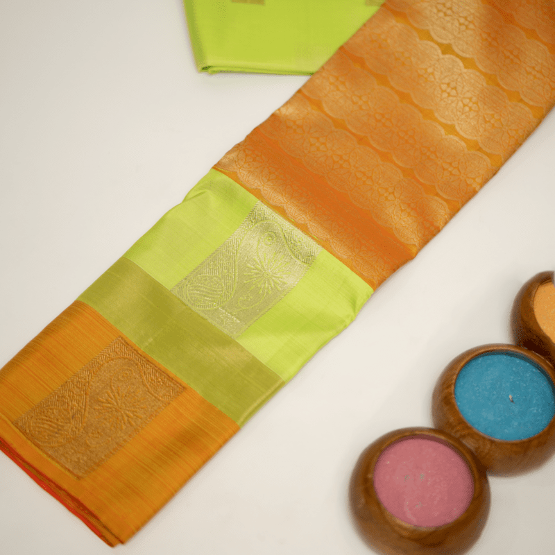 Tango Orange and Organic Green Kanchipuram with Vill Brocade Tango Orange and Organic Green Kanchipuram with Vill Brocade