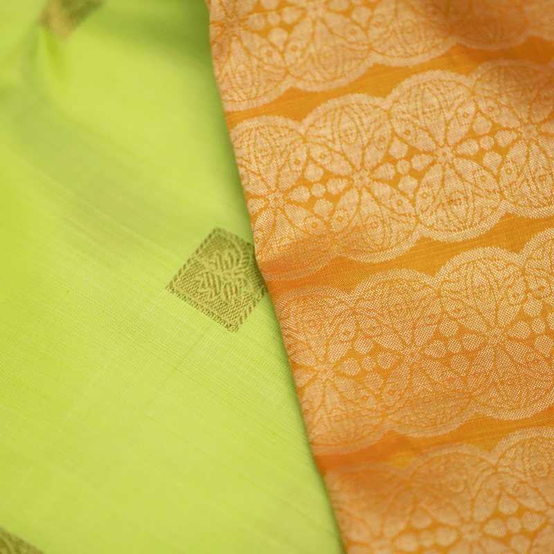 Tango Orange and Organic Green Kanchipuram with Vill Brocade Tango Orange and Organic Green Kanchipuram with Vill Brocade