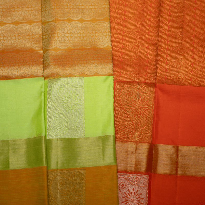 Tango Orange and Organic Green Kanchipuram with Vill Brocade Tango Orange and Organic Green Kanchipuram with Vill Brocade