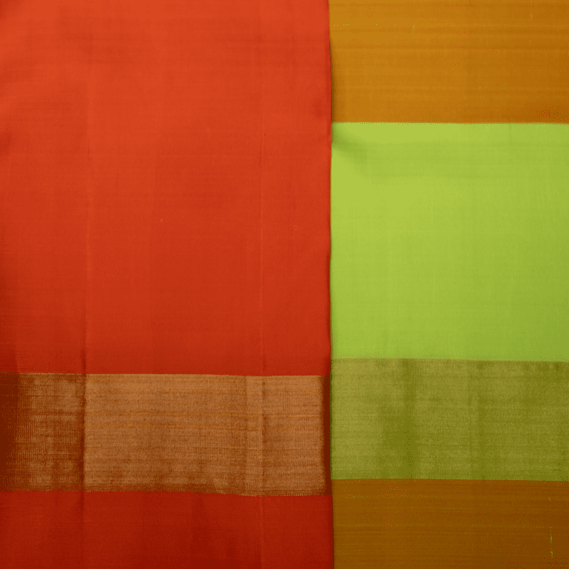 Tango Orange and Organic Green Kanchipuram with Vill Brocade Tango Orange and Organic Green Kanchipuram with Vill Brocade