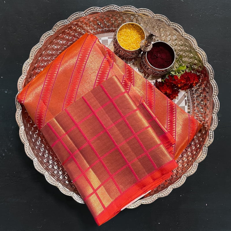 Goldfish Orange Kanchipuram with Kattam Border Goldfish Orange Kanchipuram with Kattam Border