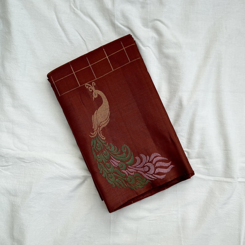Brick Brown Kanchipuram with Meenakari Border Motif Brick Brown Kanchipuram with Meenakari Border Motif