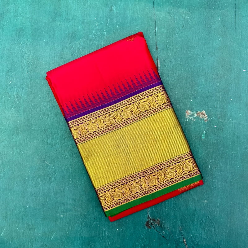 Chilli Red Kanchipuram with Platinum Blue Chilli Red Kanchipuram with Platinum Blue