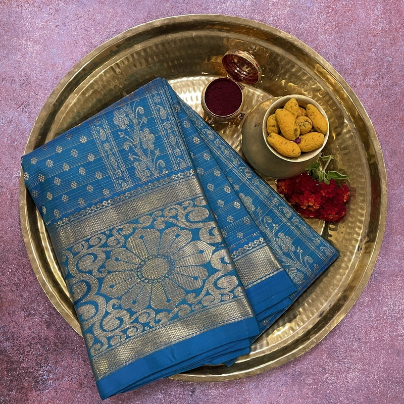 Dome Blue Kanchipuram with Ilai Brocade Dome Blue Kanchipuram with Ilai Brocade