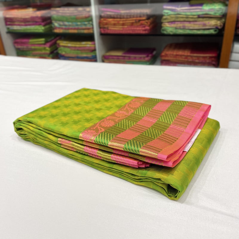 Grass Green Kanchipuram with Panjumittai Pink Grass Green Kanchipuram with Panjumittai Pink