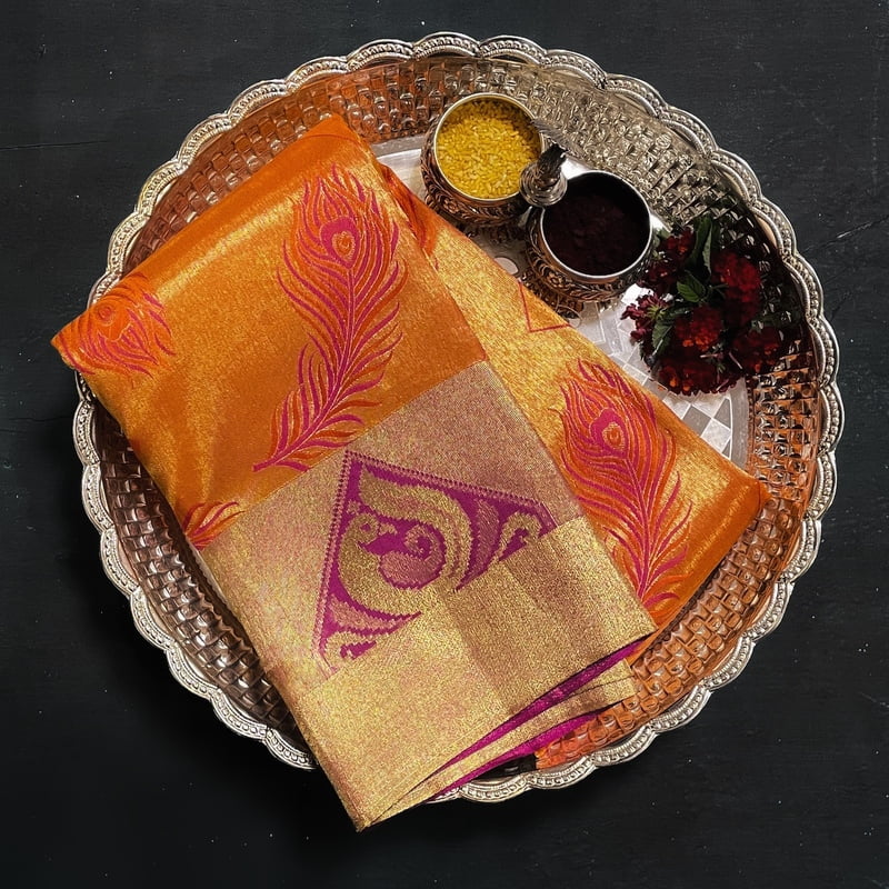 Goldfish Orange Kanchipuram with Rich Pink Goldfish Orange Kanchipuram with Rich Pink