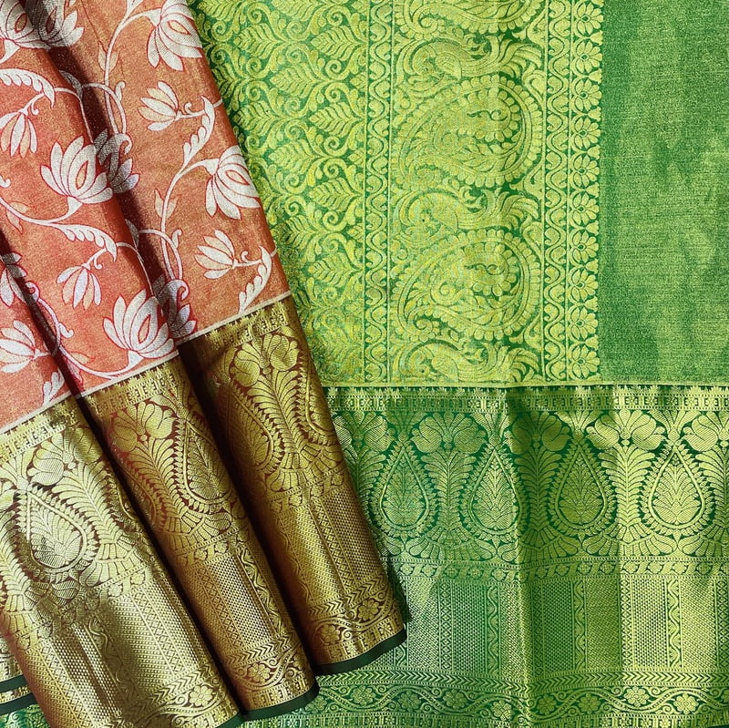 Coral Orange Kanchipuram with Gemstone Green Coral Orange Kanchipuram with Gemstone Green