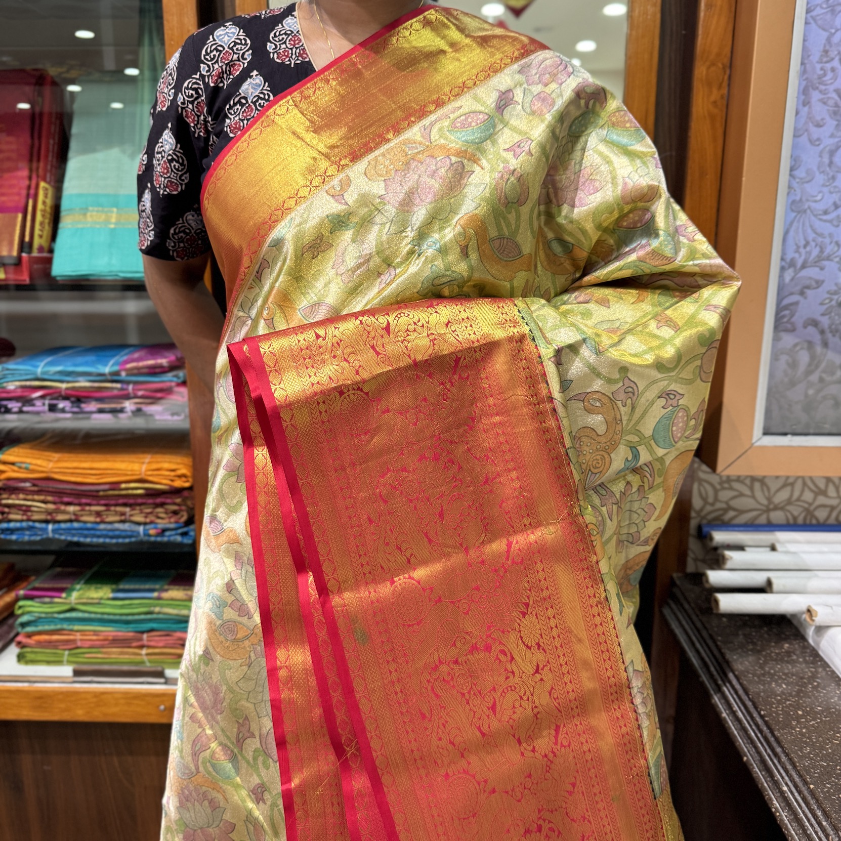 Kalamkari Style Kanjivaram Tissue Saree Kalamkari Style Kanjivaram Tissue Saree