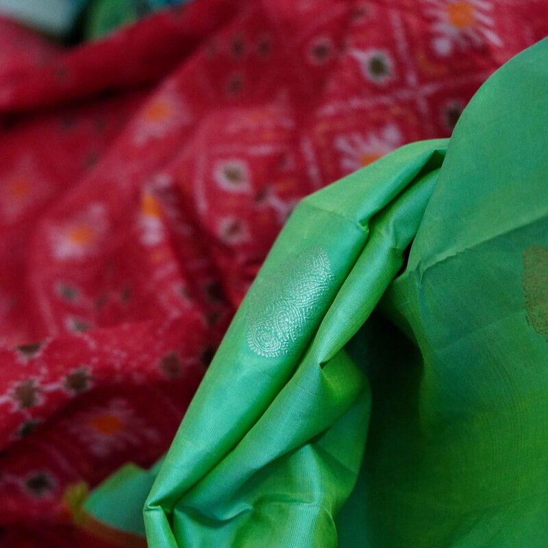 Celery Green Kanchipuram with Scarlet Red Celery Green Kanchipuram with Scarlet Red