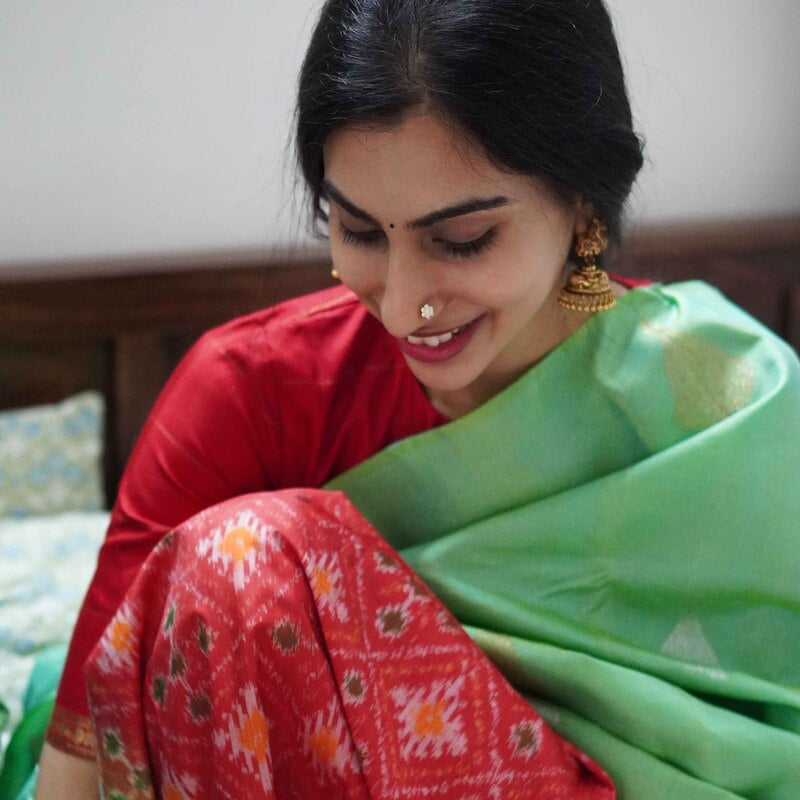 Celery Green Kanchipuram with Scarlet Red Celery Green Kanchipuram with Scarlet Red