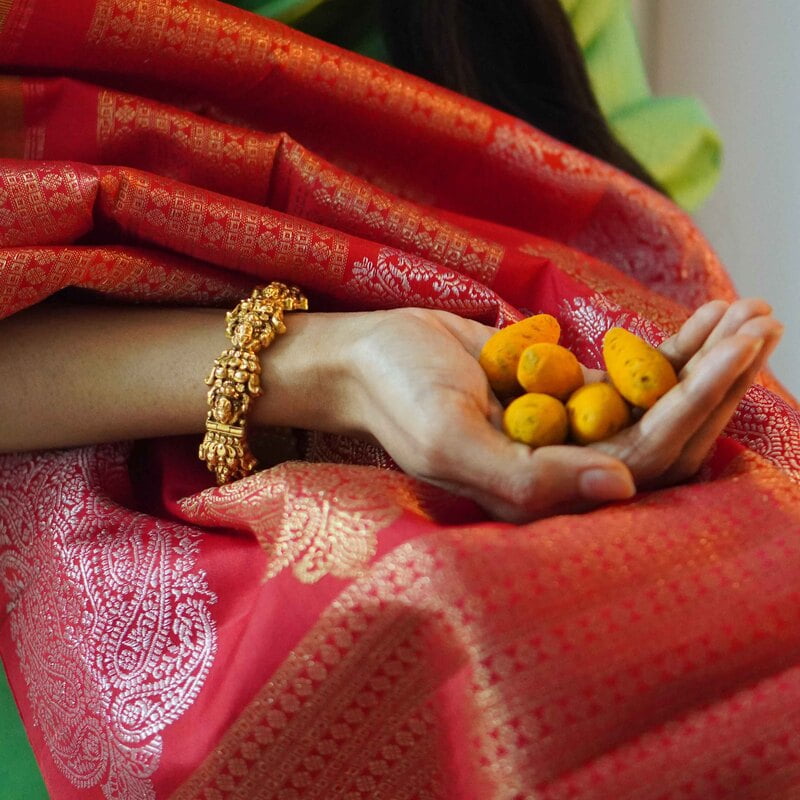 Celery Green Kanchipuram with Scarlet Red Celery Green Kanchipuram with Scarlet Red